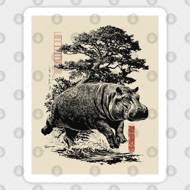 Samurai Hippo in Ink Wash Style Sticker by TuncGK